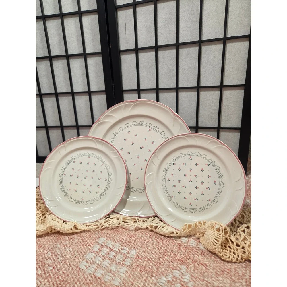 Vintage Victoriana Japan Pink Rosebud Stoneware Plate Set 1988 Cottagecore 3pc